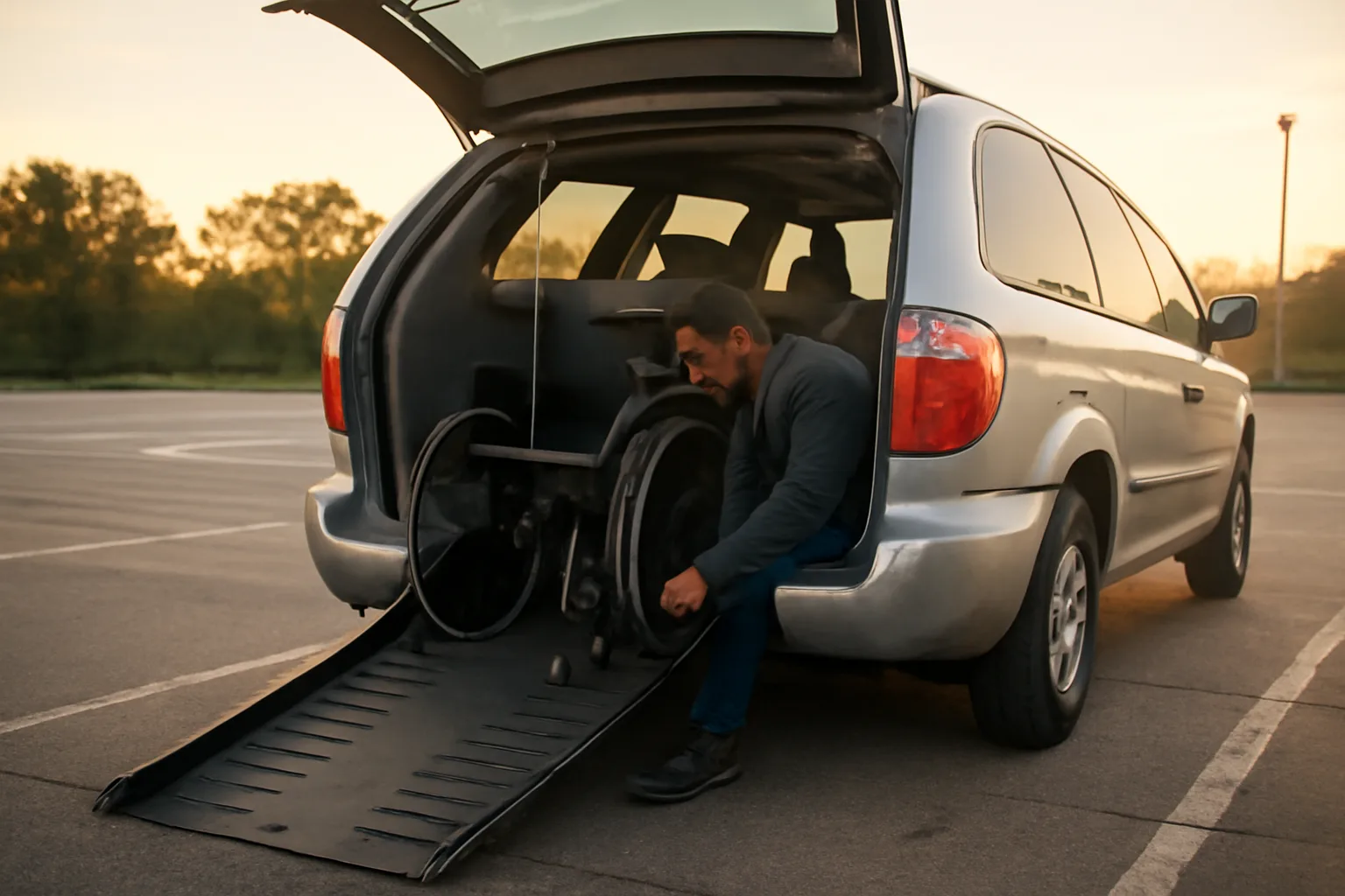 Owner-operator inspecting a wheelchair van ramp before starting a non-emergency medical transportation business
