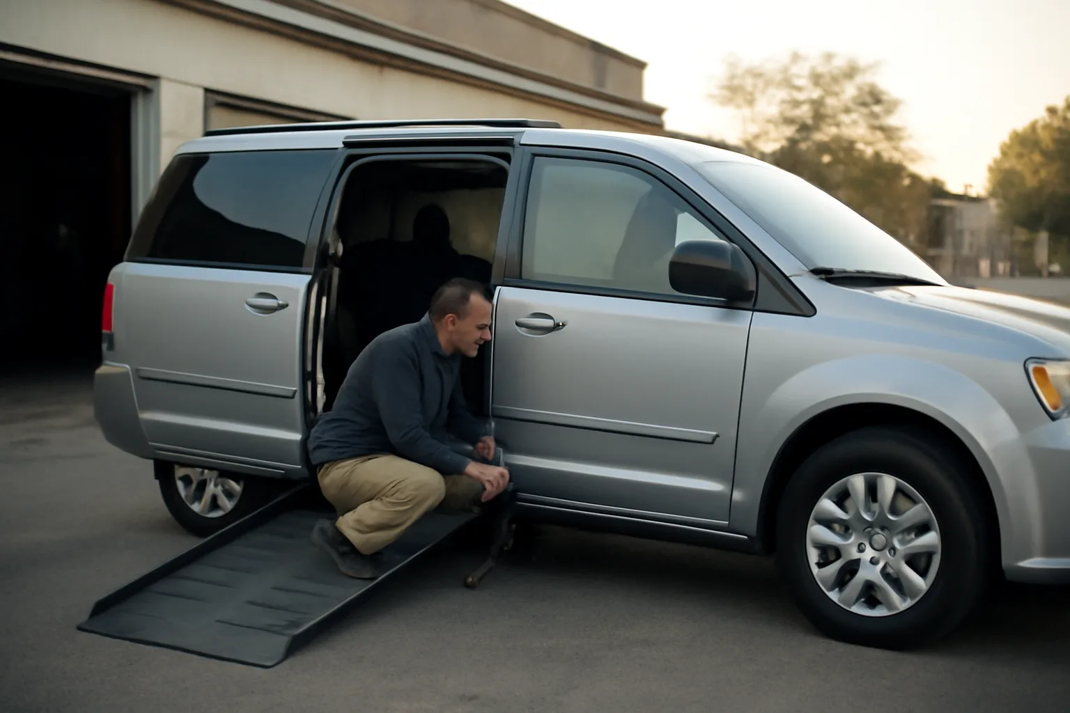 Owner-operator checking wheelchair van ramp and tie-downs before a NEMT trip