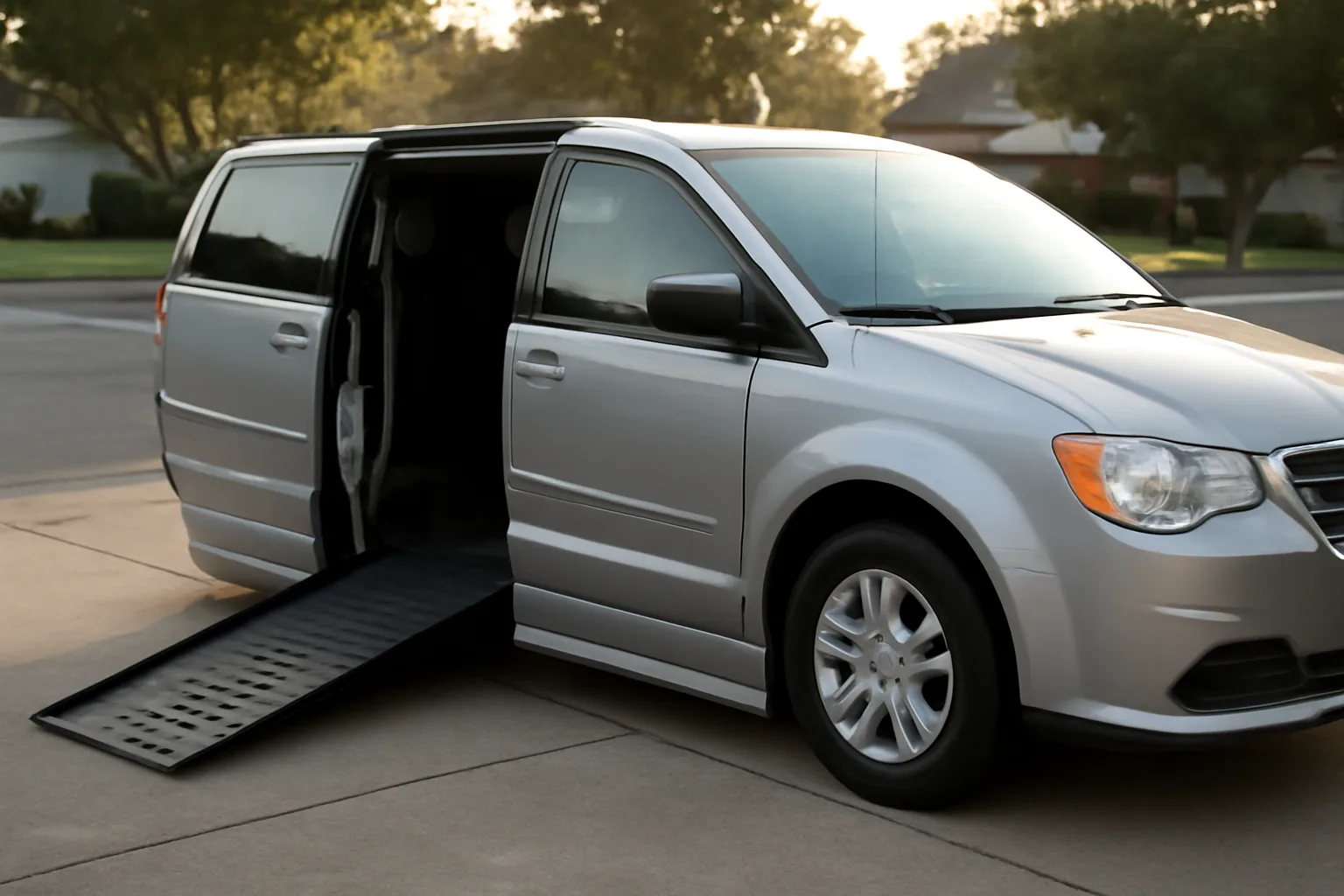 Wheelchair-accessible van with ramp deployed in a driveway at dawn, preparing for a non-emergency medical transportation business