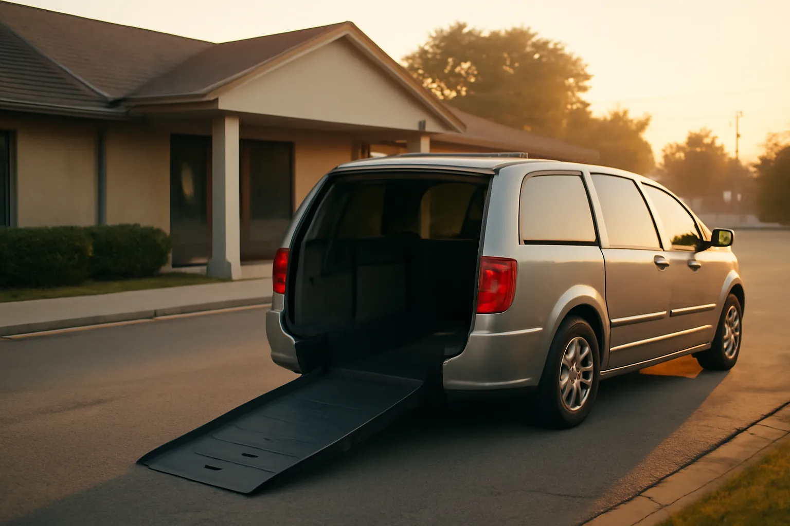 Wheelchair-accessible van with ramp deployed outside a clinic at sunrise