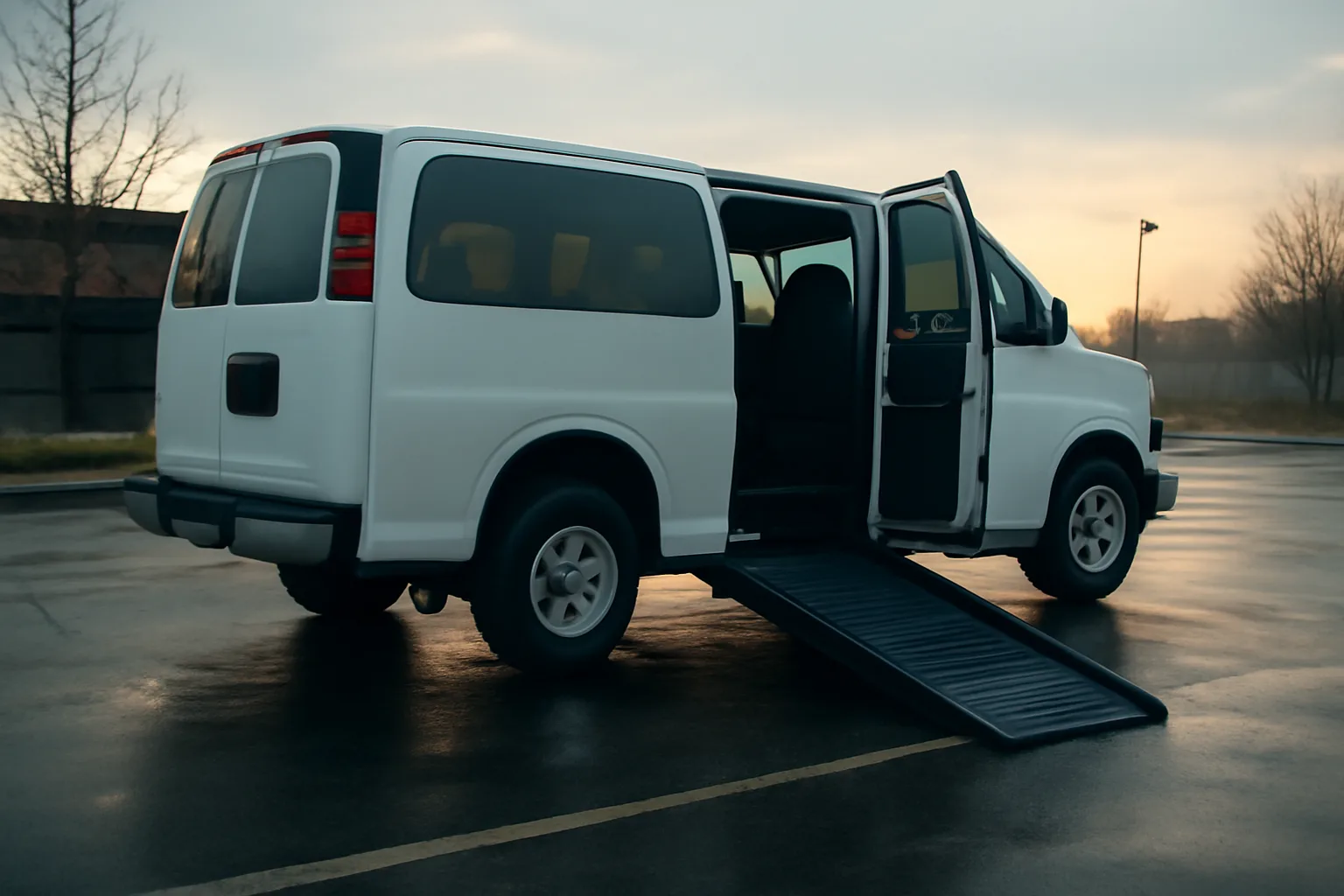 Wheelchair-accessible van with ramp deployed outside a medical clinic at dawn