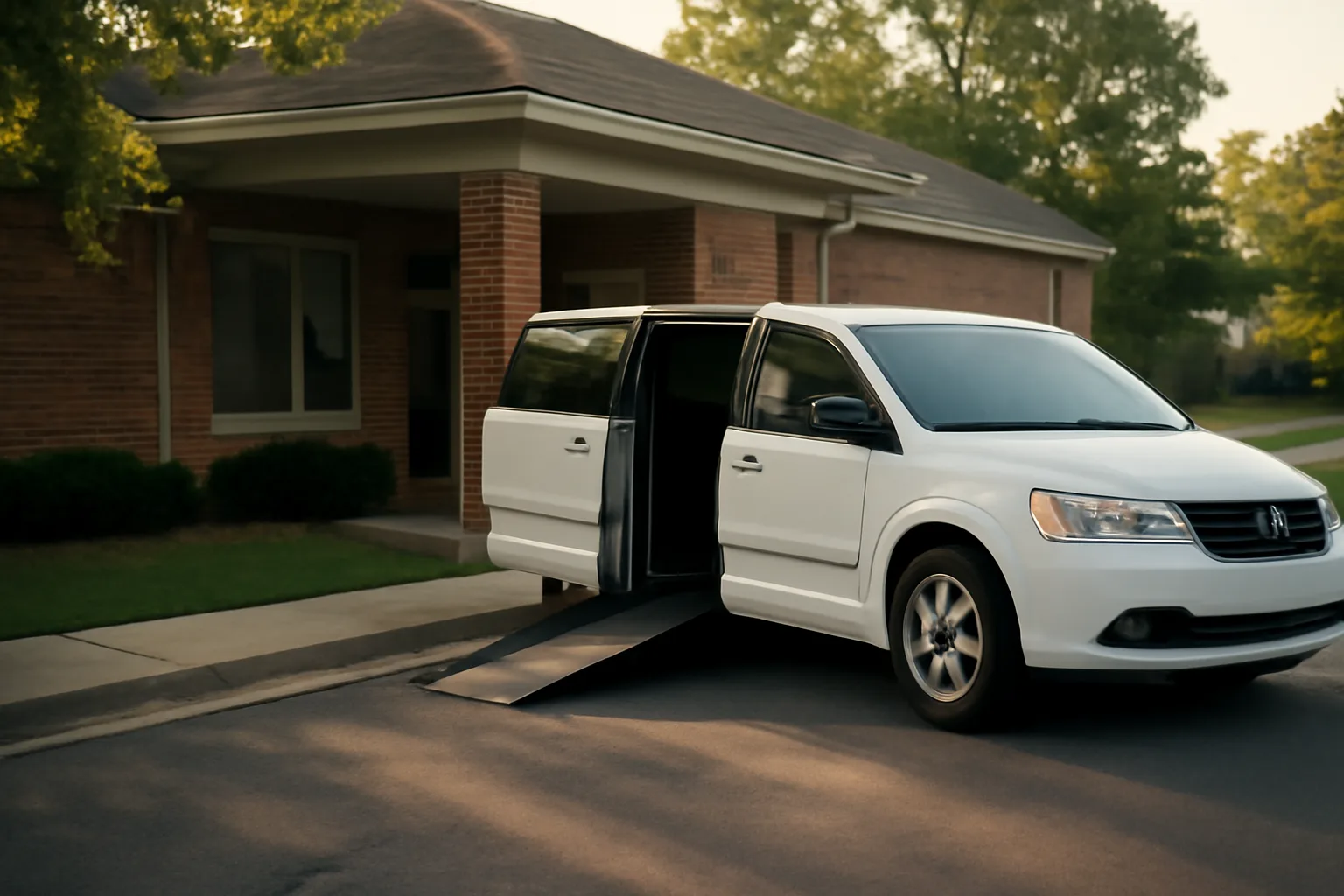 Wheelchair van with ramp deployed outside a clinic during the application process for non-emergency medical transportation