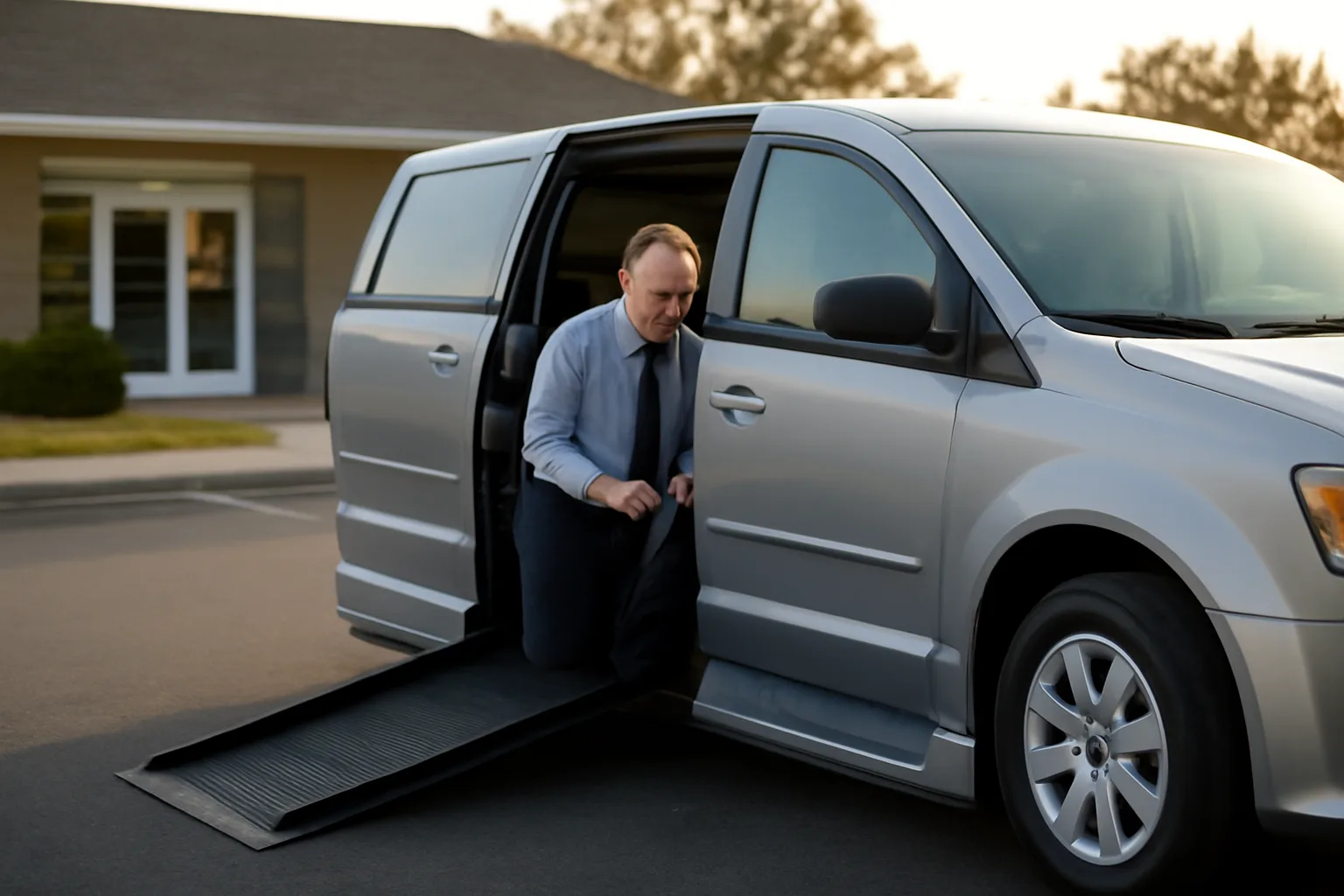 Wheelchair van ramp lowered outside a clinic, driver checking tie-down straps in early morning light