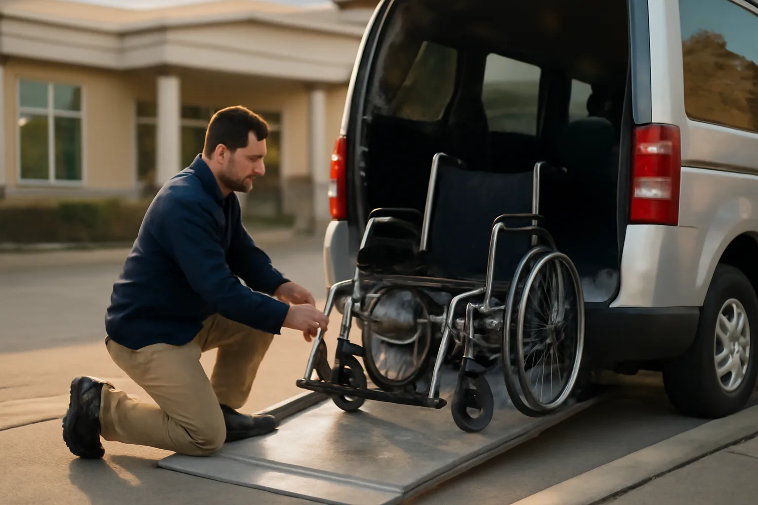 Driver securing a wheelchair van ramp outside a clinic for non emergency medical transportation