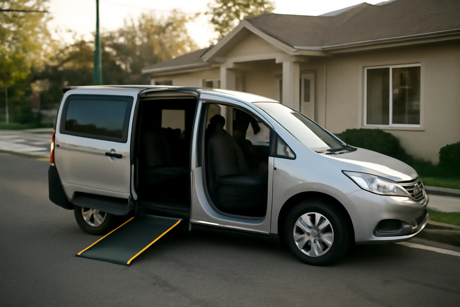 Wheelchair-accessible van with ramp deployed outside a medical clinic in morning light