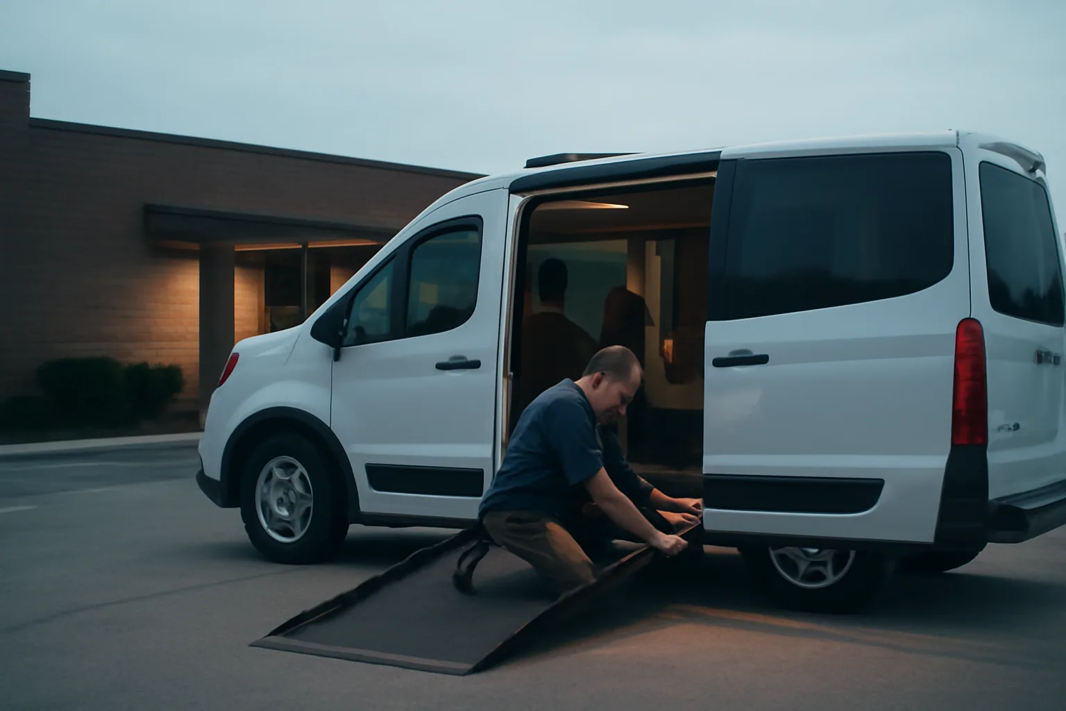 Driver securing a wheelchair inside a ramp-equipped NEMT van outside a clinic