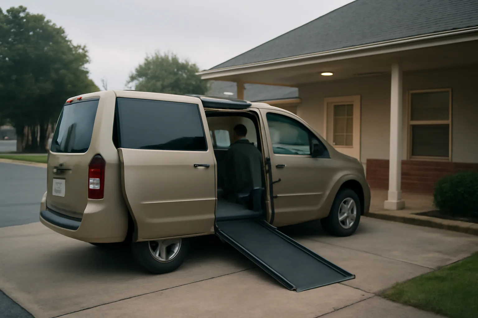 Wheelchair van with ramp lowered outside a clinic, illustrating non-emergency medical transportation coverage