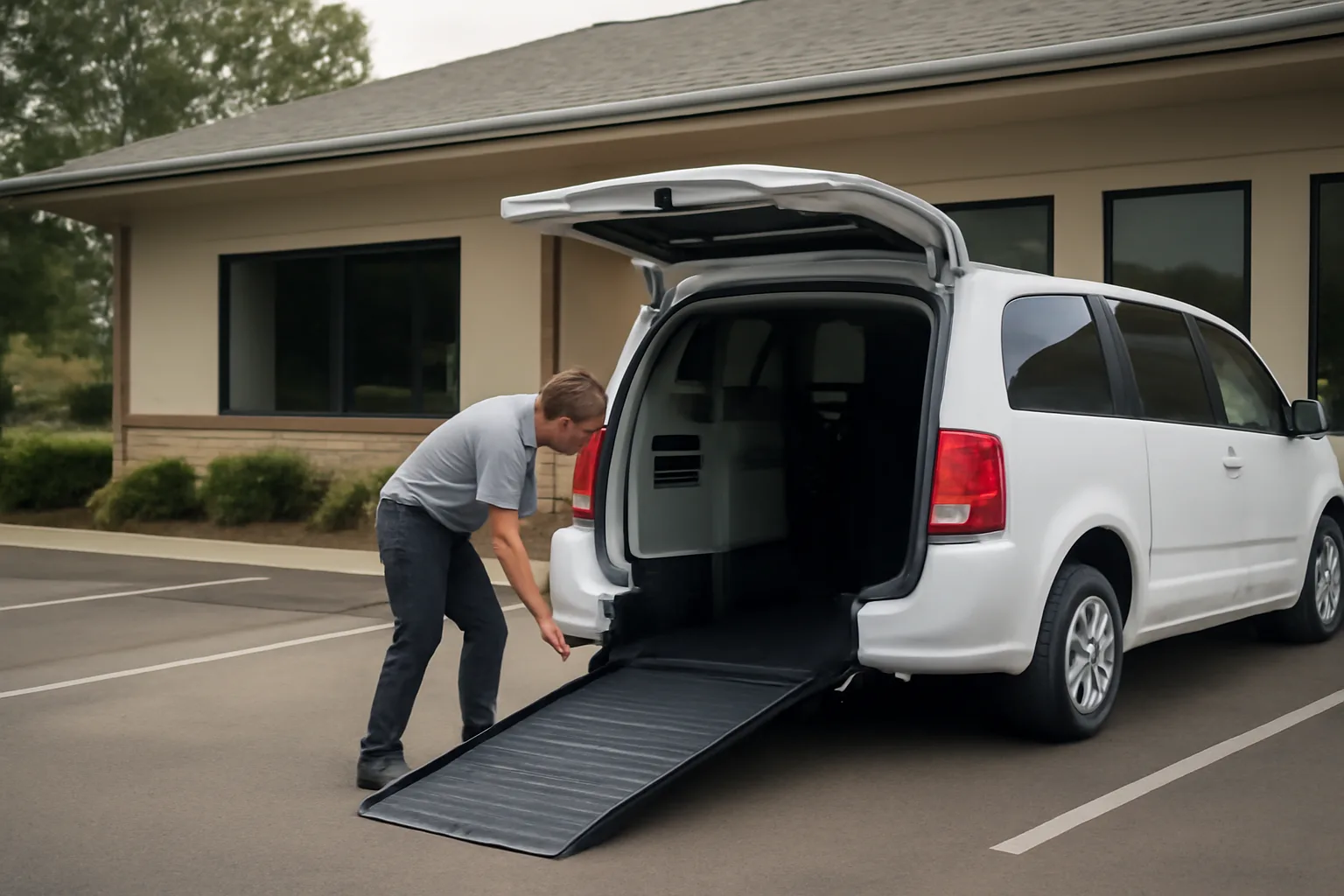 Wheelchair van ramp lowered outside a physical therapy clinic during a non-emergency medical transportation trip