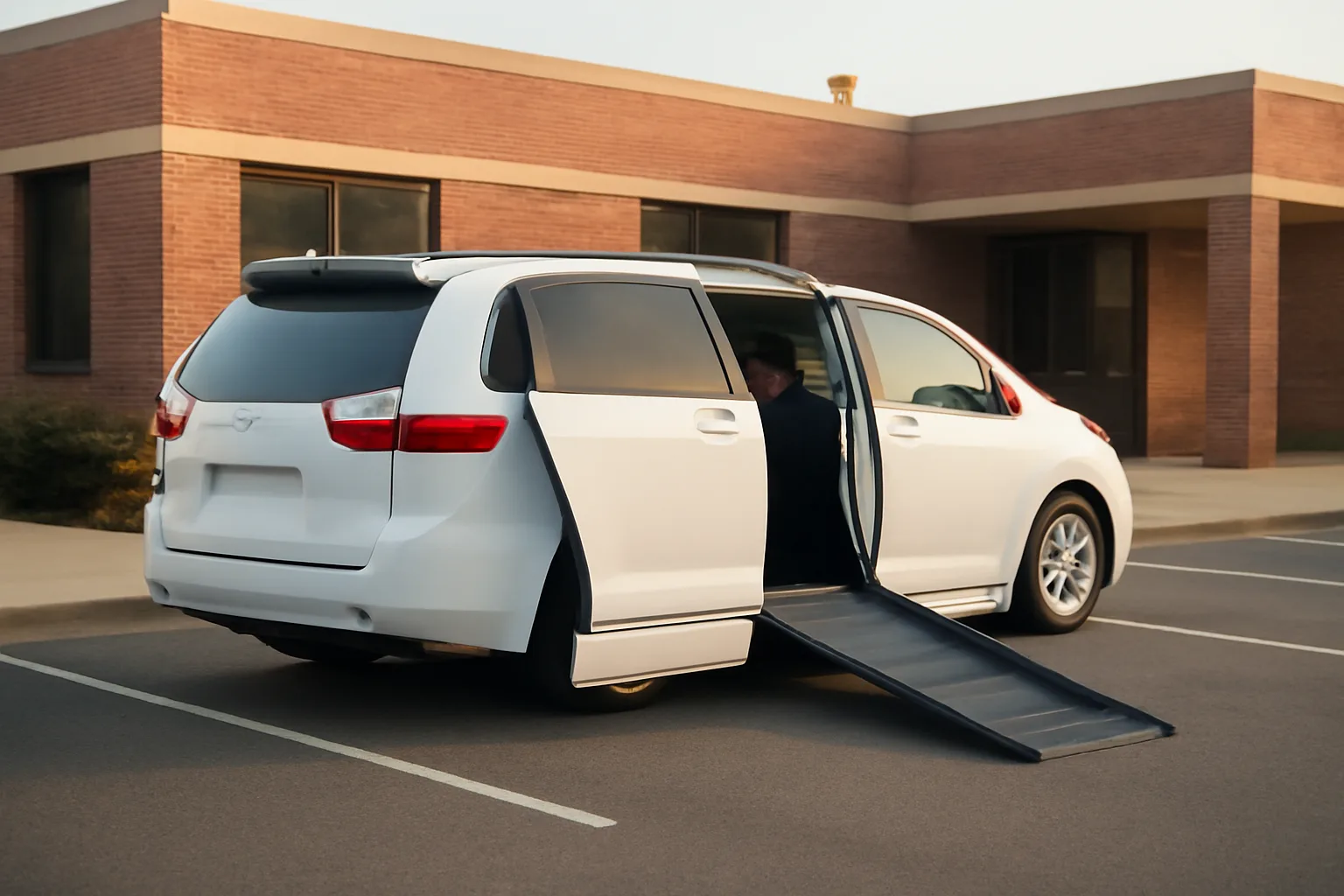 Wheelchair-accessible van with ramp deployed outside a Georgia medical clinic at dawn