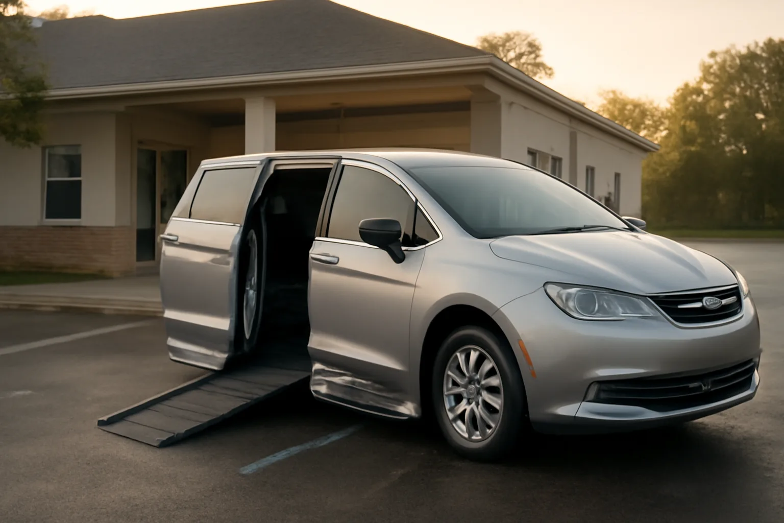 Wheelchair-accessible van with ramp extended outside a Georgia medical clinic at dawn