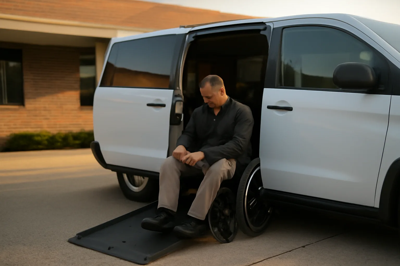 Wheelchair van with ramp deployed outside a Georgia medical clinic at sunrise