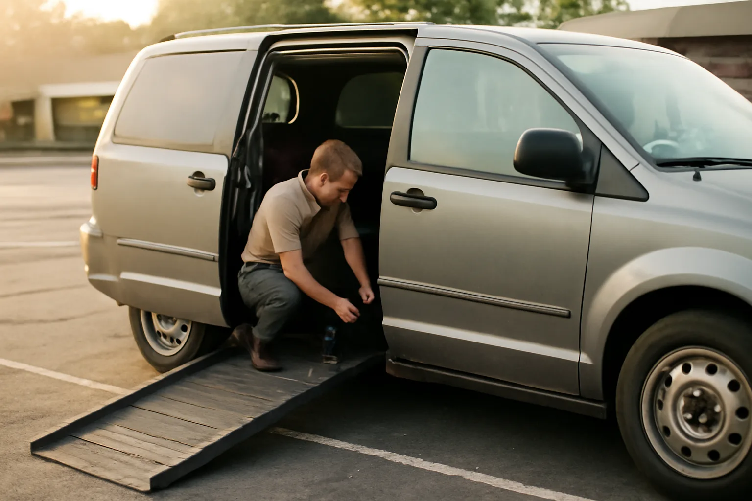 Driver checking wheelchair van ramp and tie-downs before starting a medical transportation business