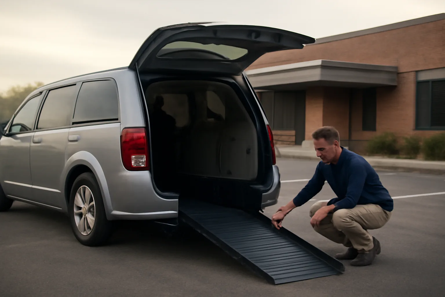 Driver inspecting a wheelchair van ramp outside a clinic before a non emergency medical transportation shift
