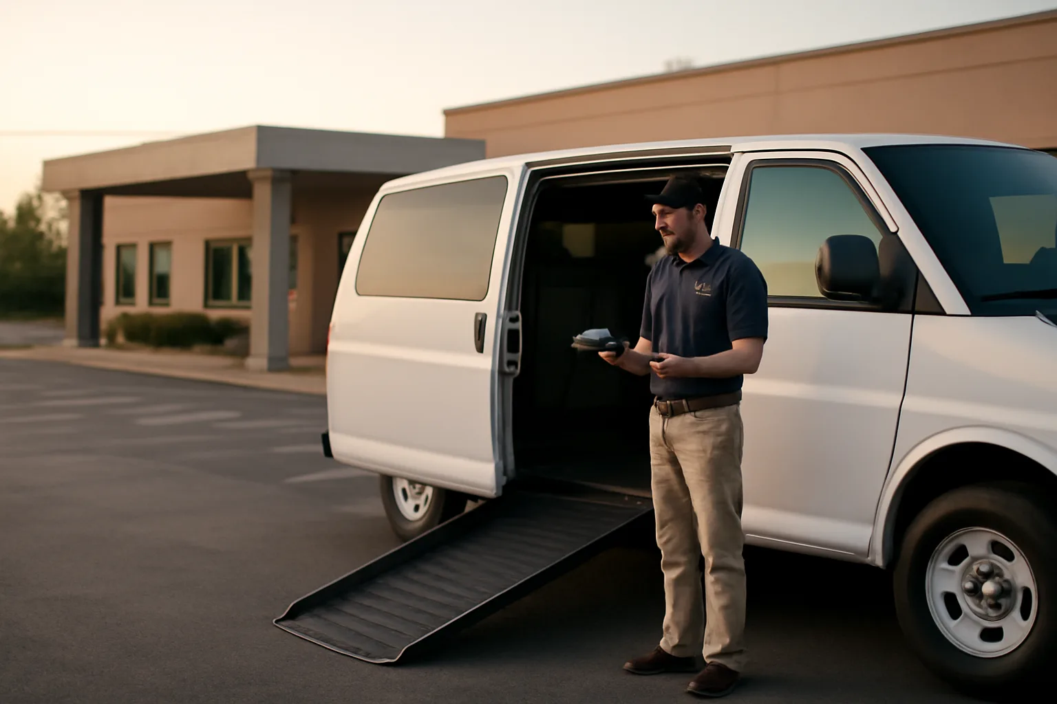 Wheelchair van with ramp deployed outside a clinic at early morning light