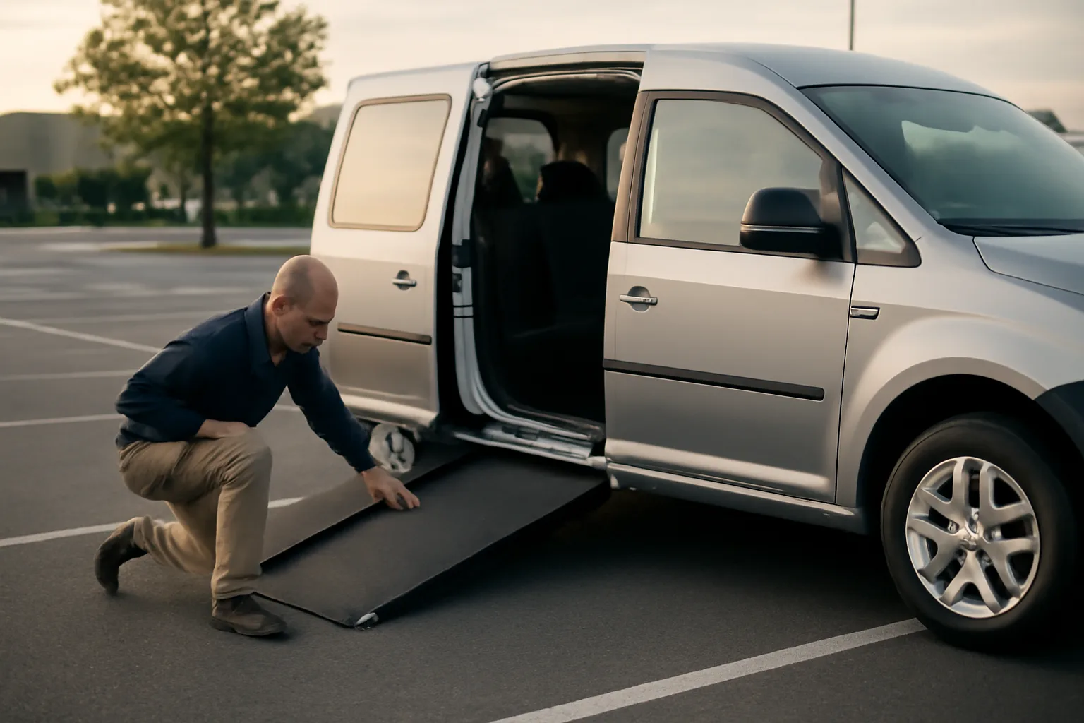 Wheelchair van ramp lowered in parking lot representing NEMT business startup costs