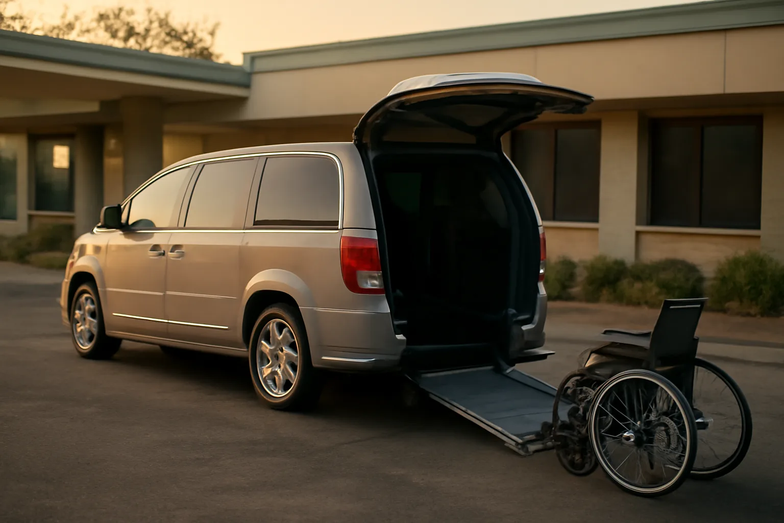Wheelchair-accessible van with ramp extended outside a medical clinic in morning light