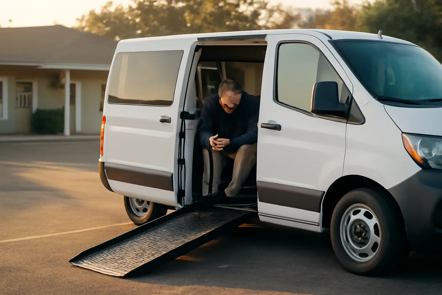 Driver checking wheelchair tie-down straps inside an accessible NEMT van at dawn