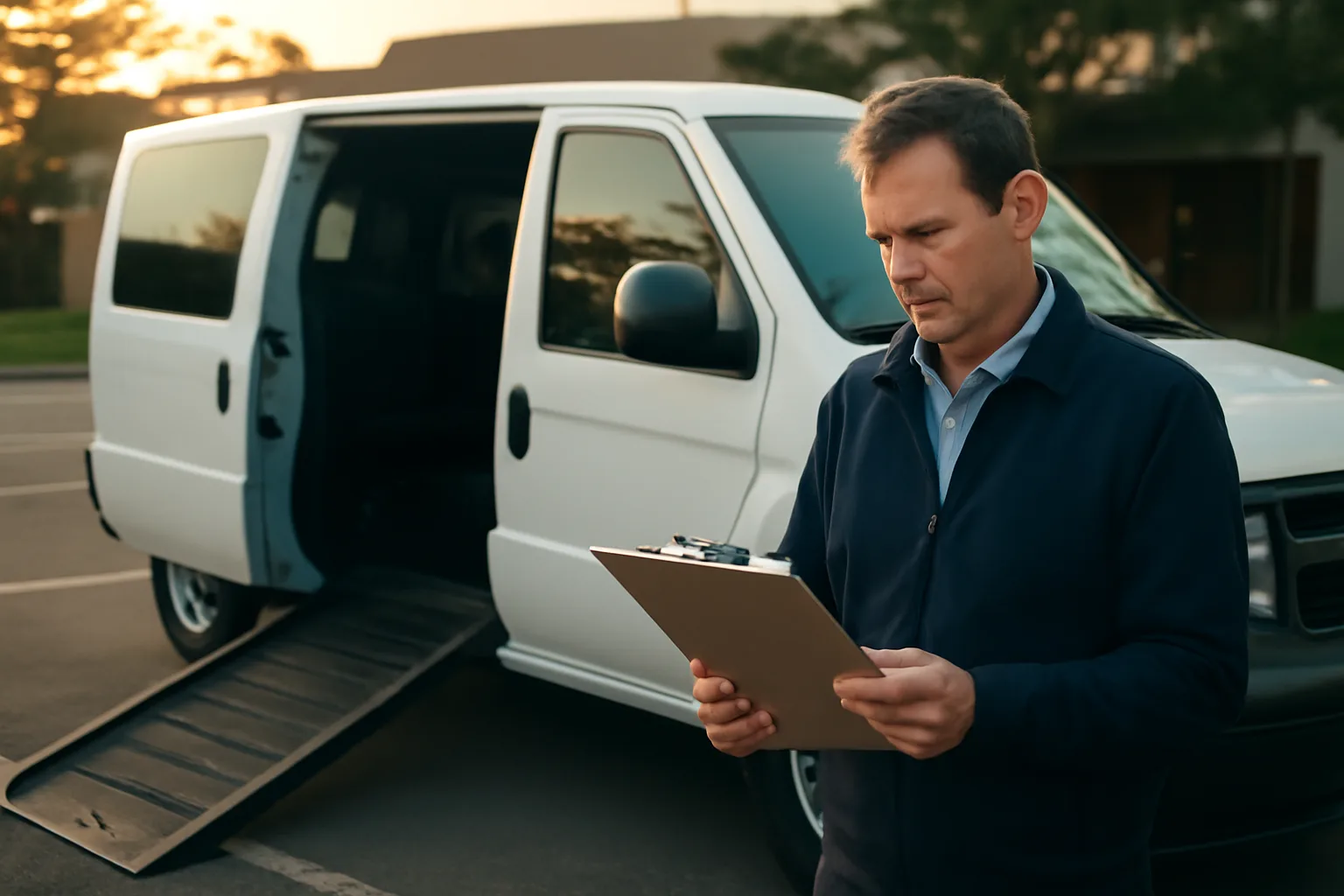 Driver checking a paper trip log beside a wheelchair van with ramp deployed at a clinic