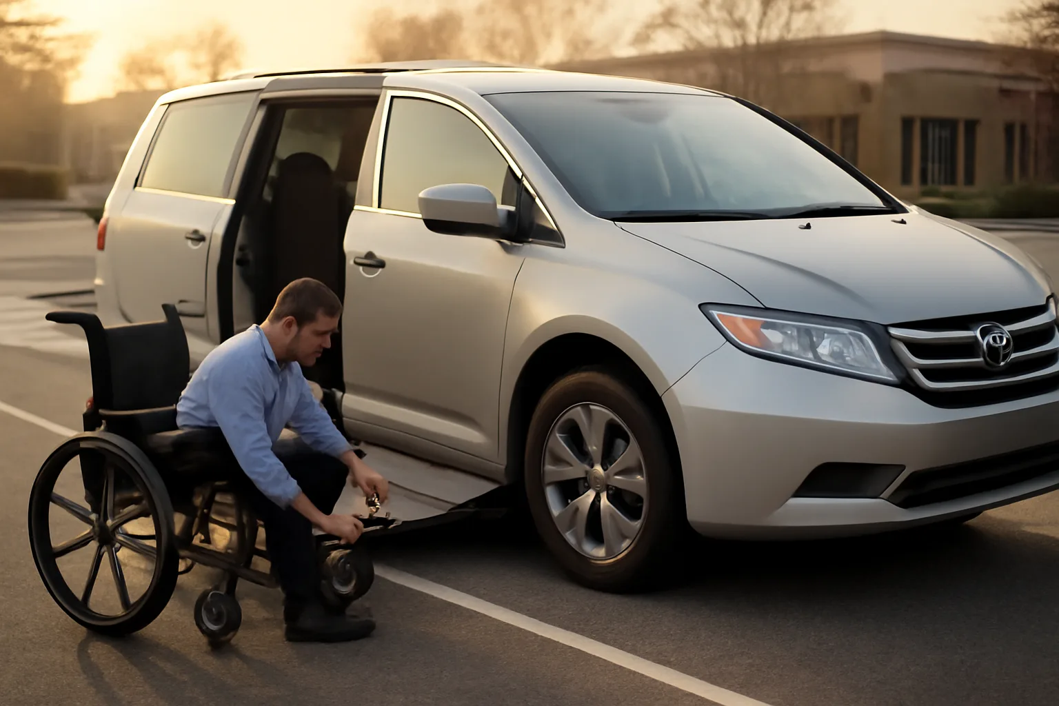 Driver securing wheelchair tie-downs on a ramp van outside a medical clinic