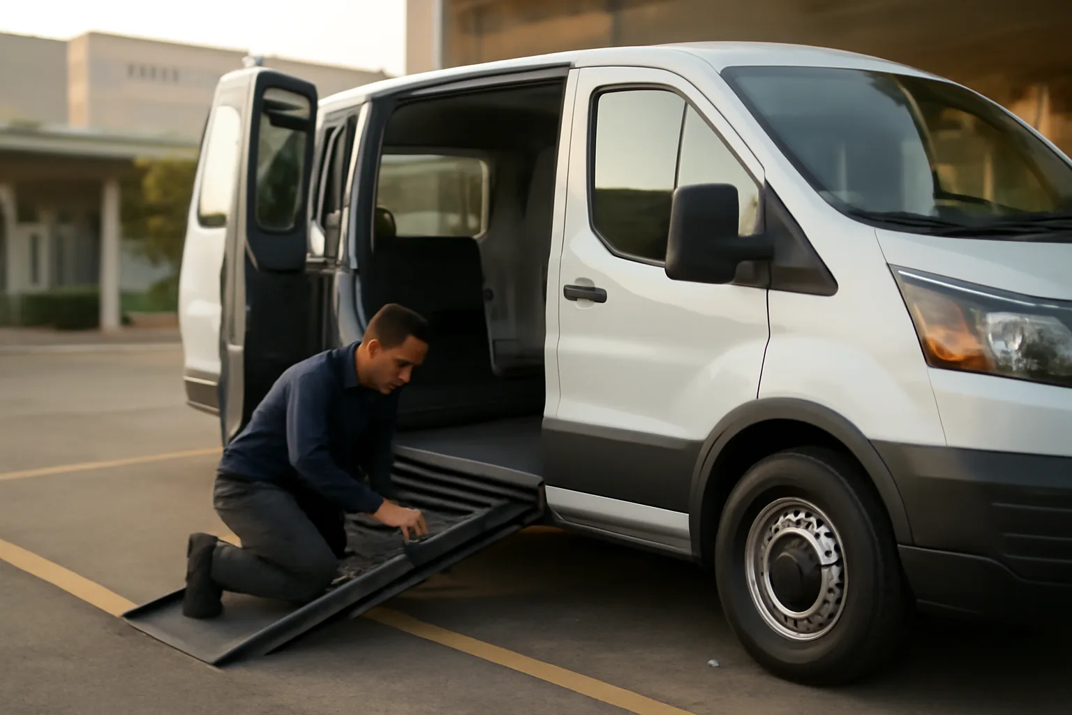 Driver checking wheelchair van ramp tie-downs during NEMT license and enrollment process