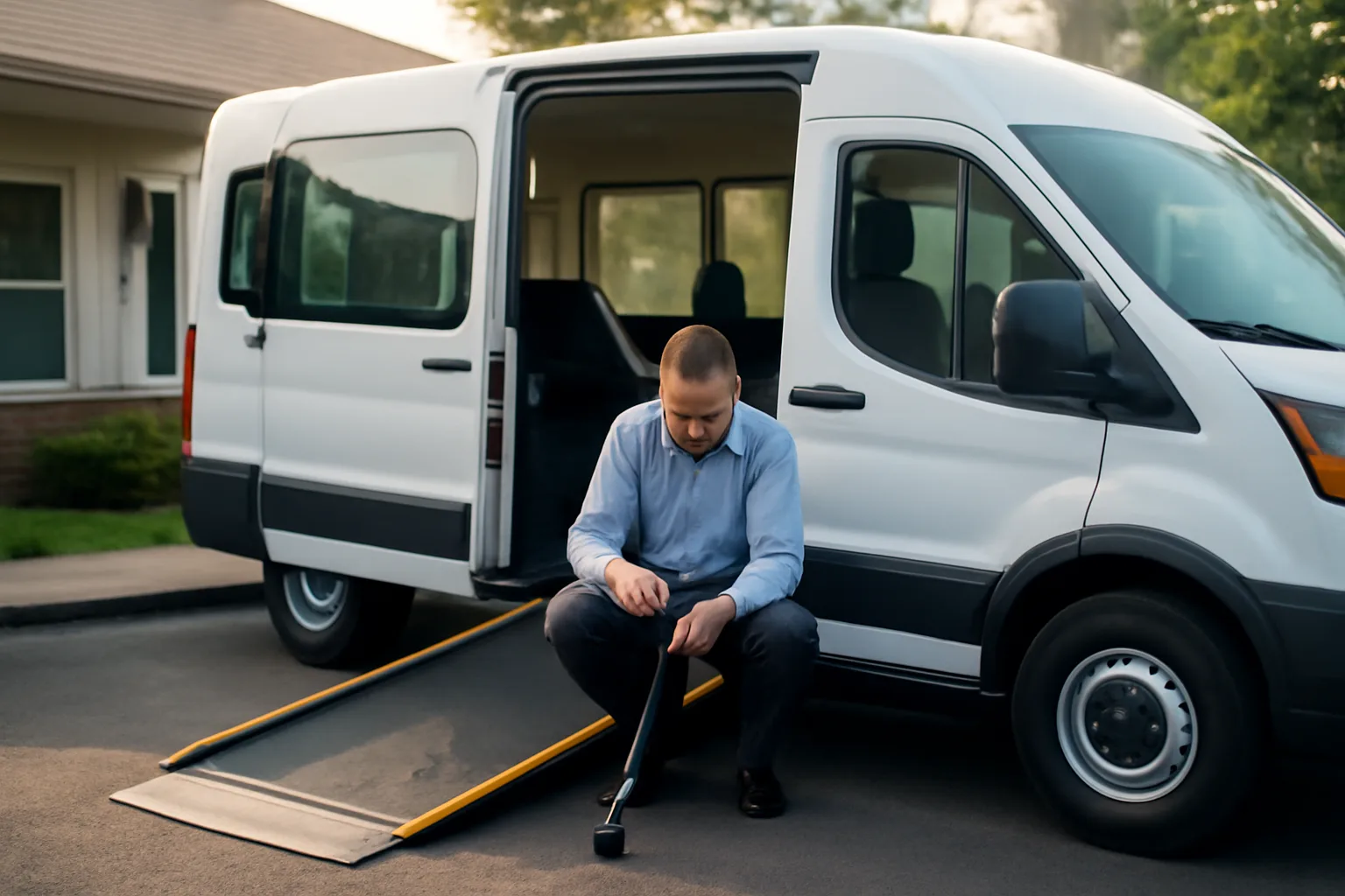 Wheelchair van with ramp deployed outside a clinic during non-emergency medical transportation licensing prep