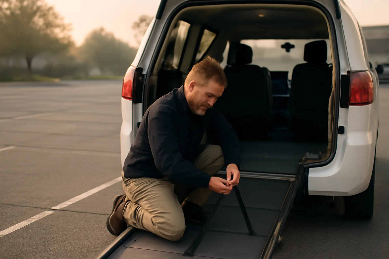 Wheelchair van ramp deployed at a clinic parking lot at sunrise