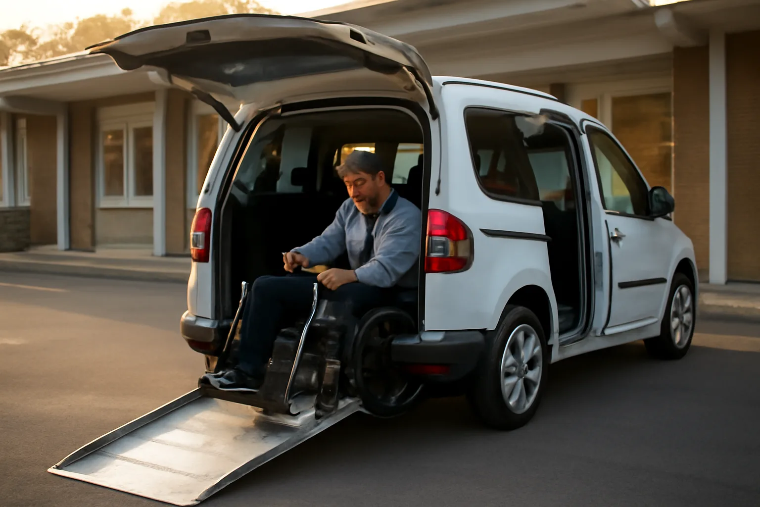 Wheelchair van with ramp lowered outside clinic, driver checking securement straps