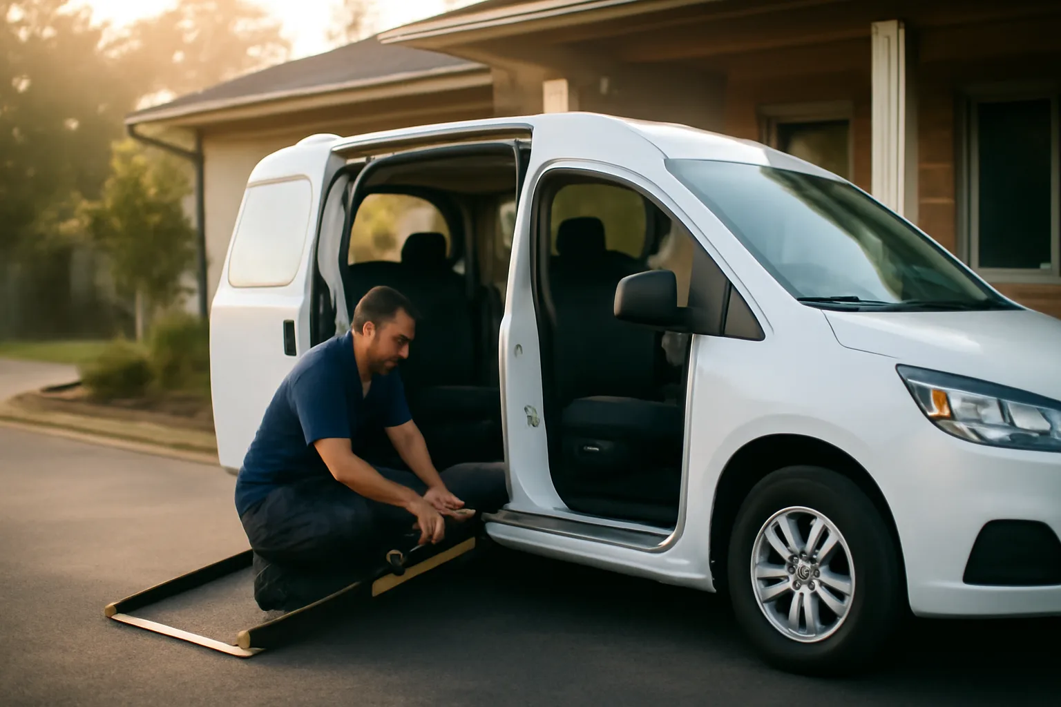 Driver inspecting wheelchair van ramp and tie-downs before a Minnesota medical transport trip