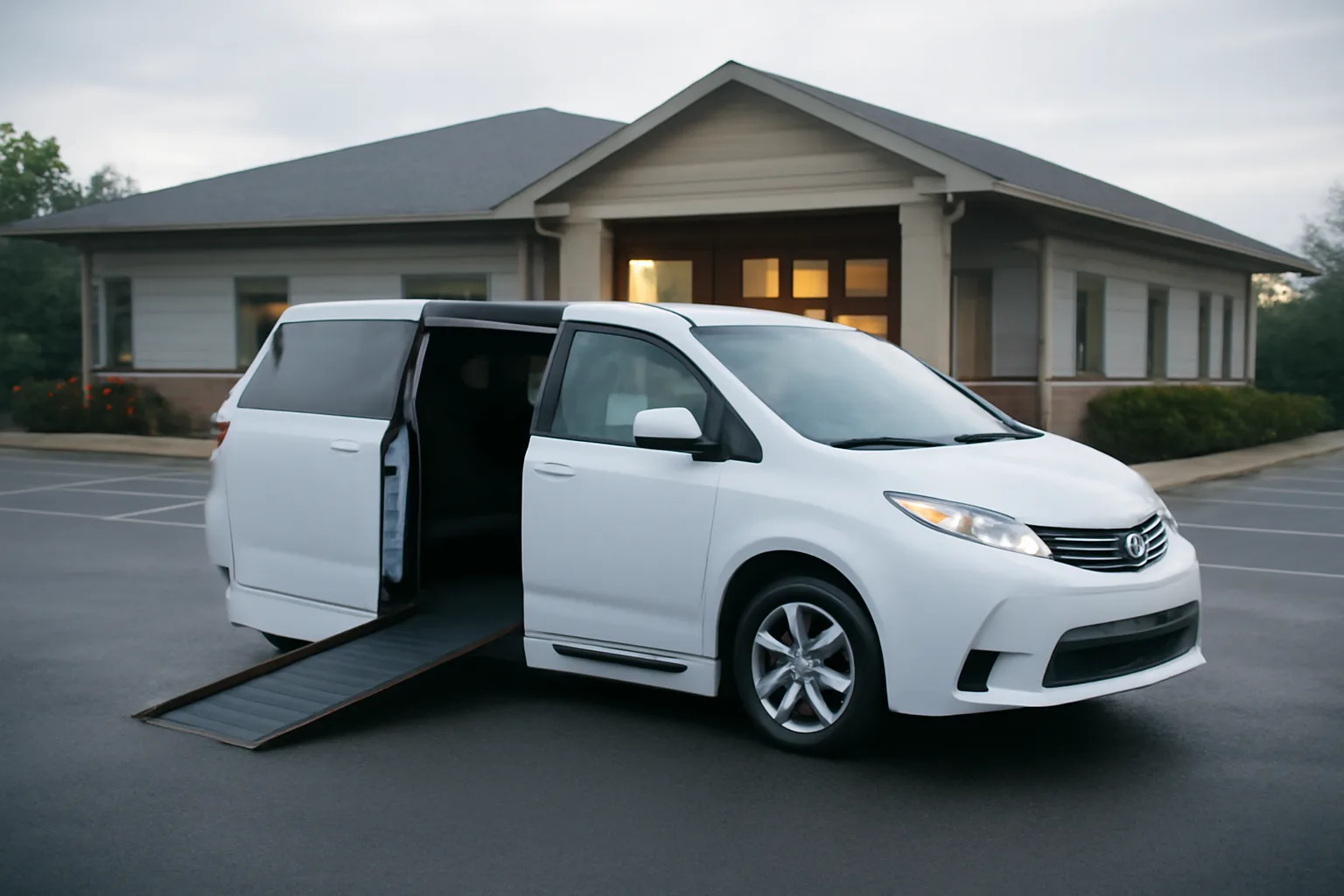 Wheelchair van with ramp deployed outside a medical office in New Jersey