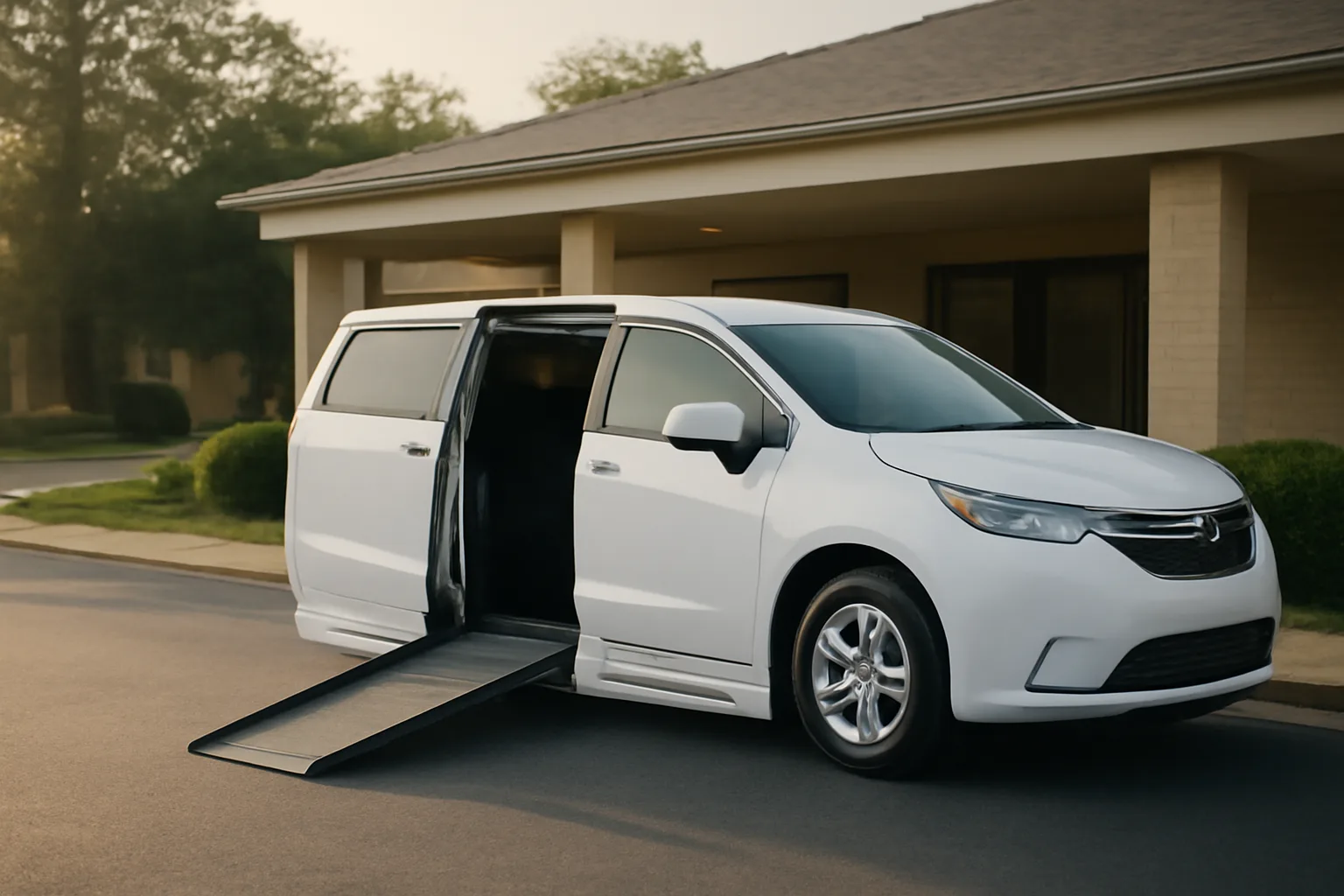 Wheelchair-accessible van with extended ramp outside a Virginia medical clinic at dawn