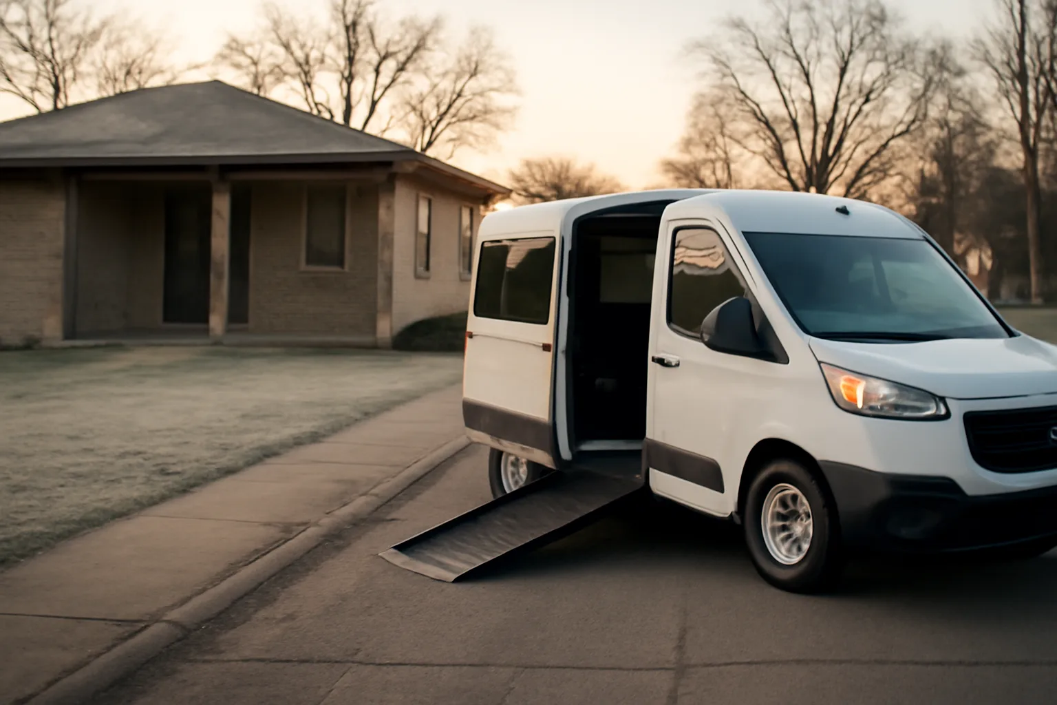 Wheelchair-accessible van with ramp deployed outside a Wisconsin medical clinic at dawn
