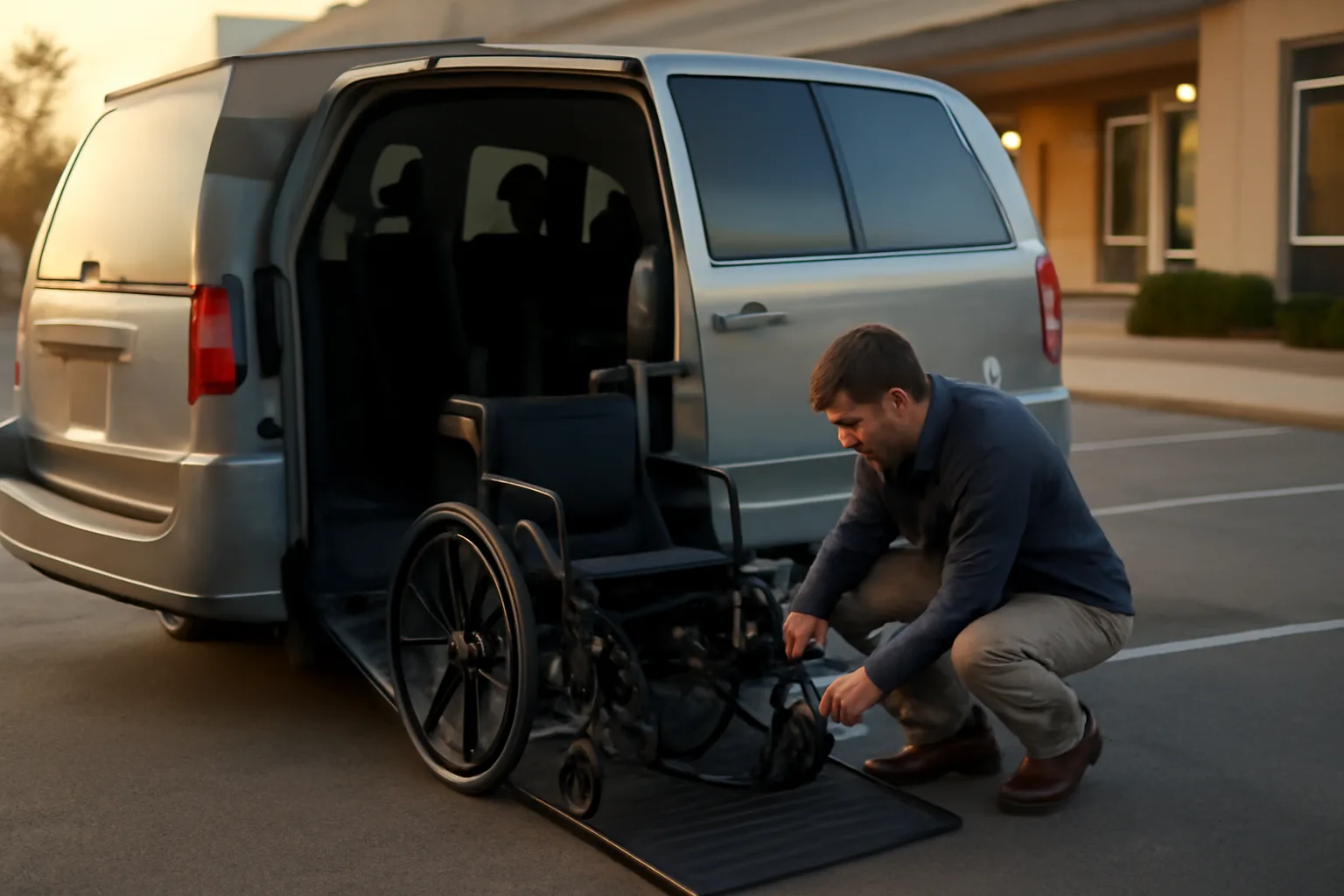 Wheelchair van ramp deployed outside a clinic during early morning NEMT pickup