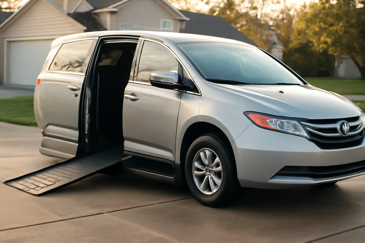 Wheelchair-accessible van with ramp deployed outside a New Jersey home at sunrise