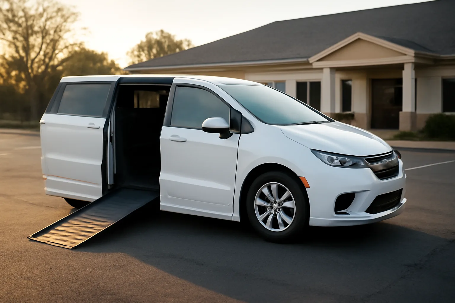 Wheelchair-accessible van with ramp extended outside a Texas medical clinic at dawn