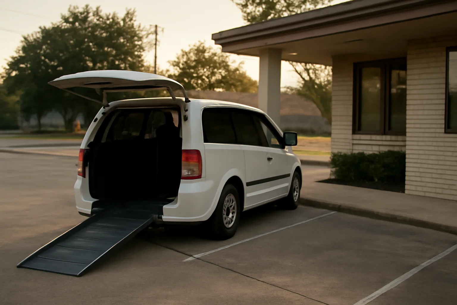 Wheelchair-accessible van with ramp extended outside a Texas medical clinic at dawn