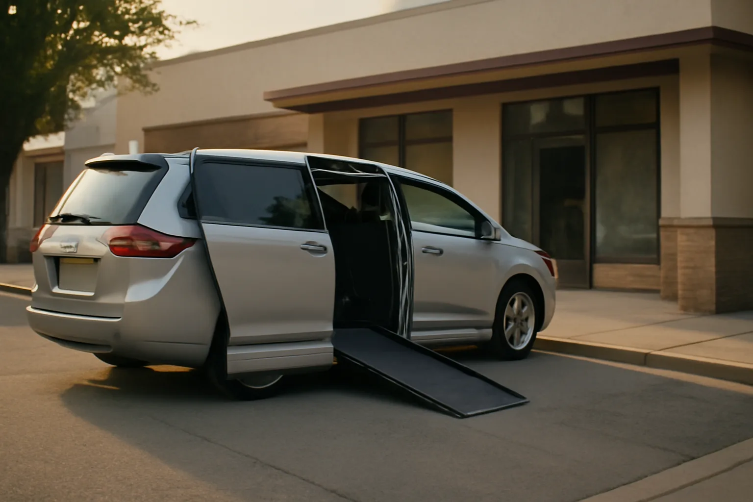 Wheelchair van with ramp deployed outside a California small business office at sunrise