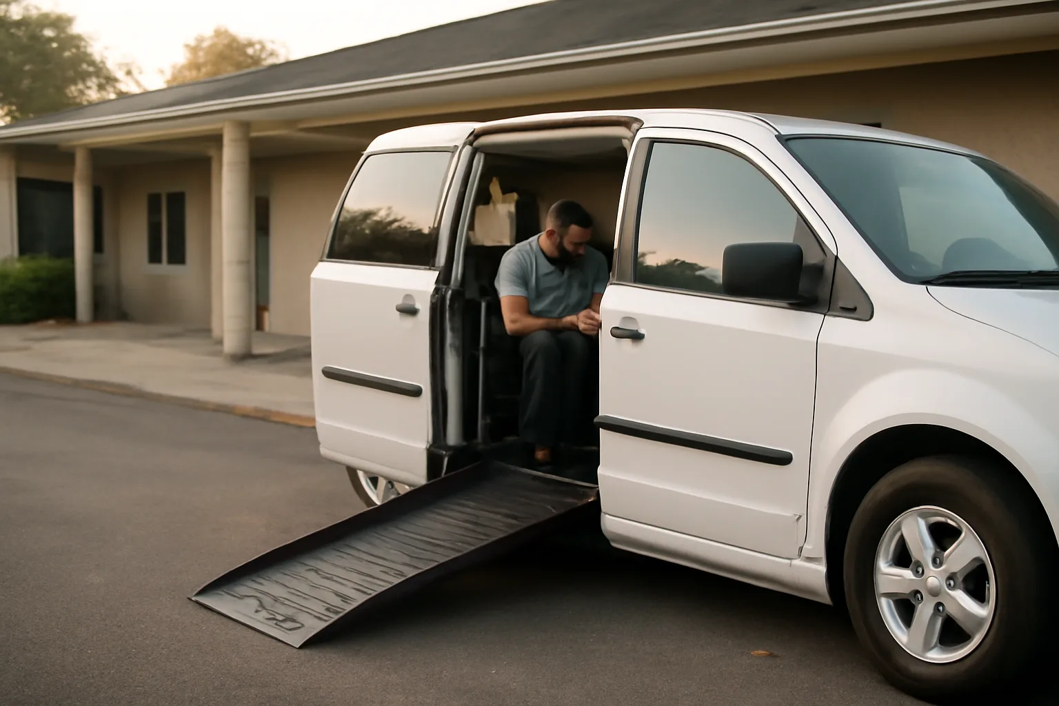Driver inspecting wheelchair van ramp and tie-downs before a non-emergency medical transportation trip
