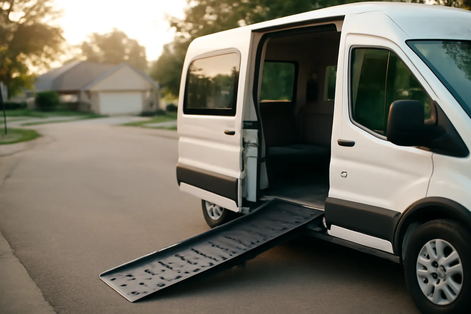 Wheelchair-accessible van with ramp deployed on a residential street at dawn