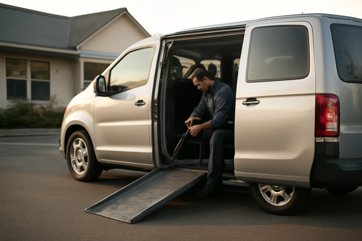 Driver checking wheelchair van ramp and tie-downs outside a clinic in early morning light