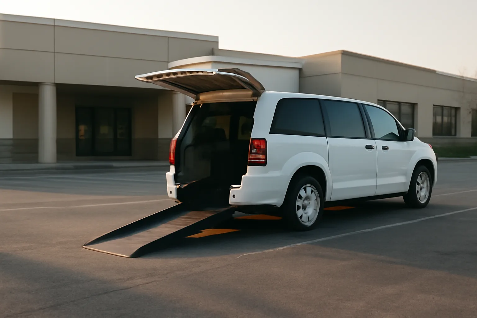 Wheelchair-accessible NEMT van with ramp deployed outside a medical clinic at dawn