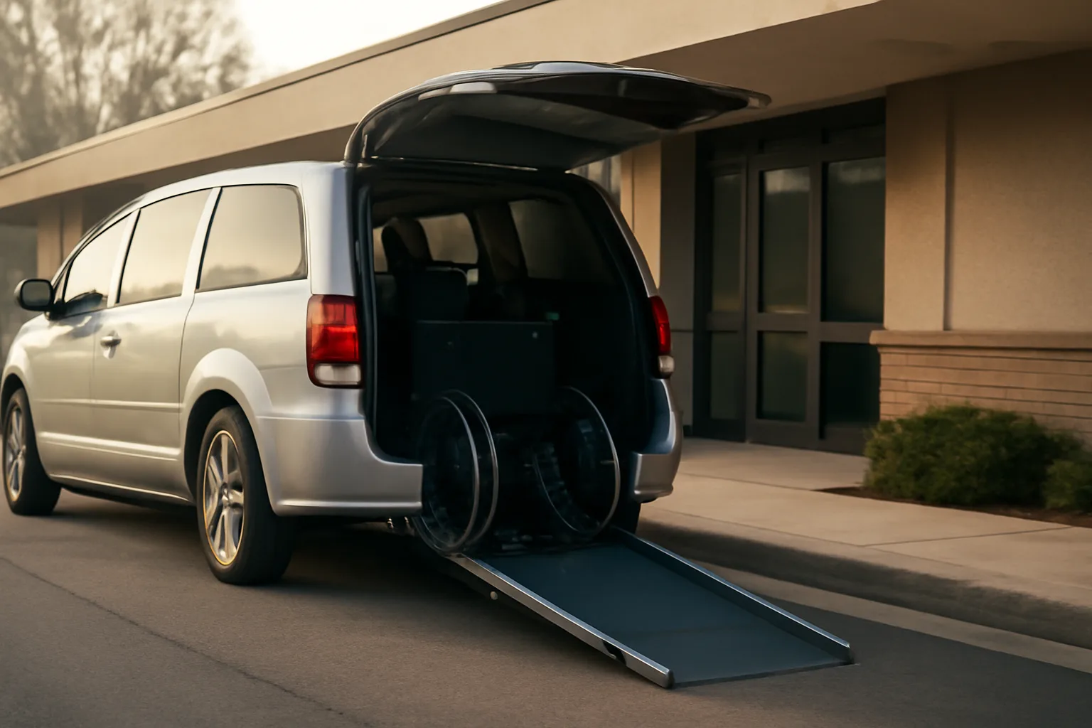 Wheelchair-accessible van with ramp deployed outside a medical clinic in early morning light