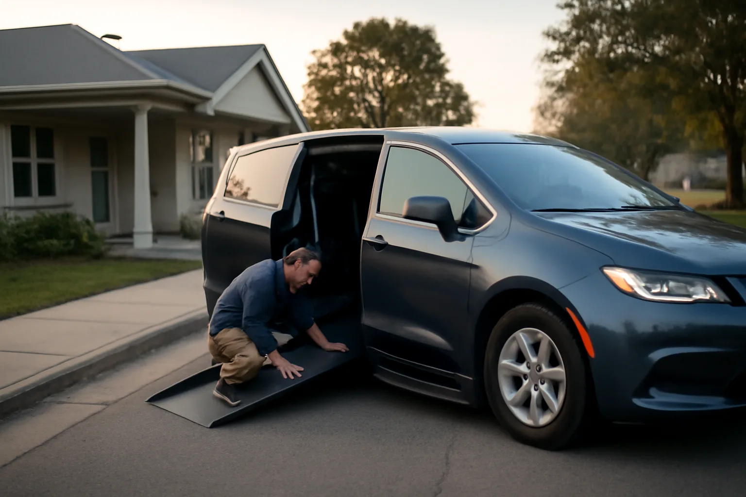 Owner-operator checking the ramp on a wheelchair-accessible van used for a Medicaid transportation business
