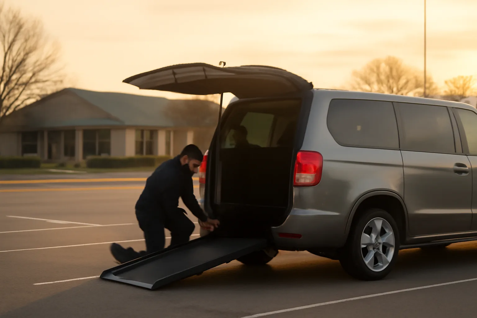 Owner-operator inspecting a wheelchair van ramp before a Medicaid transportation trip