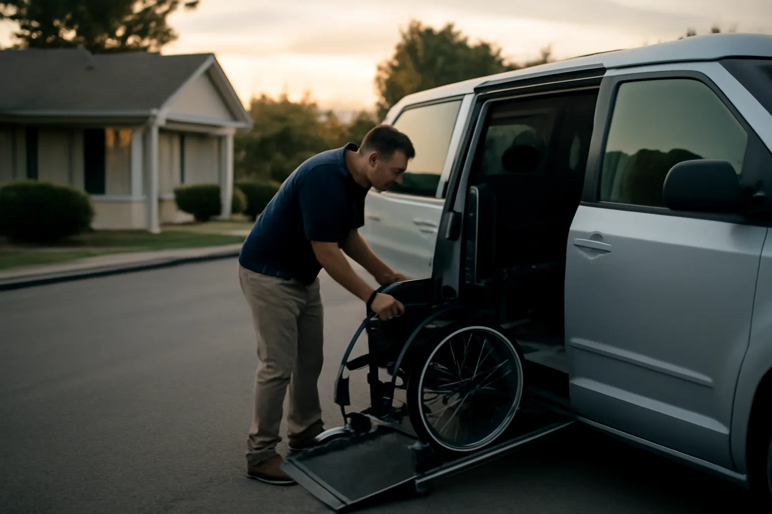 Wheelchair van with ramp extended outside a clinic, representing medical transport services near me