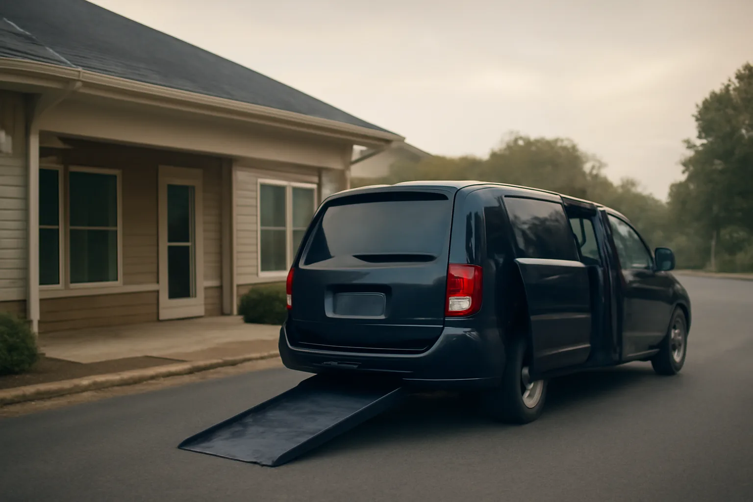 Wheelchair-accessible van with ramp deployed outside a medical clinic in Virginia
