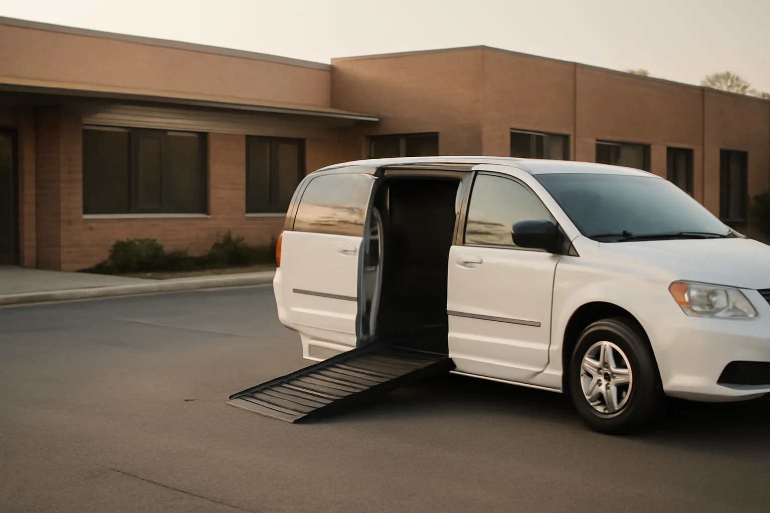 Wheelchair-accessible van with ramp deployed outside a medical office building at dawn