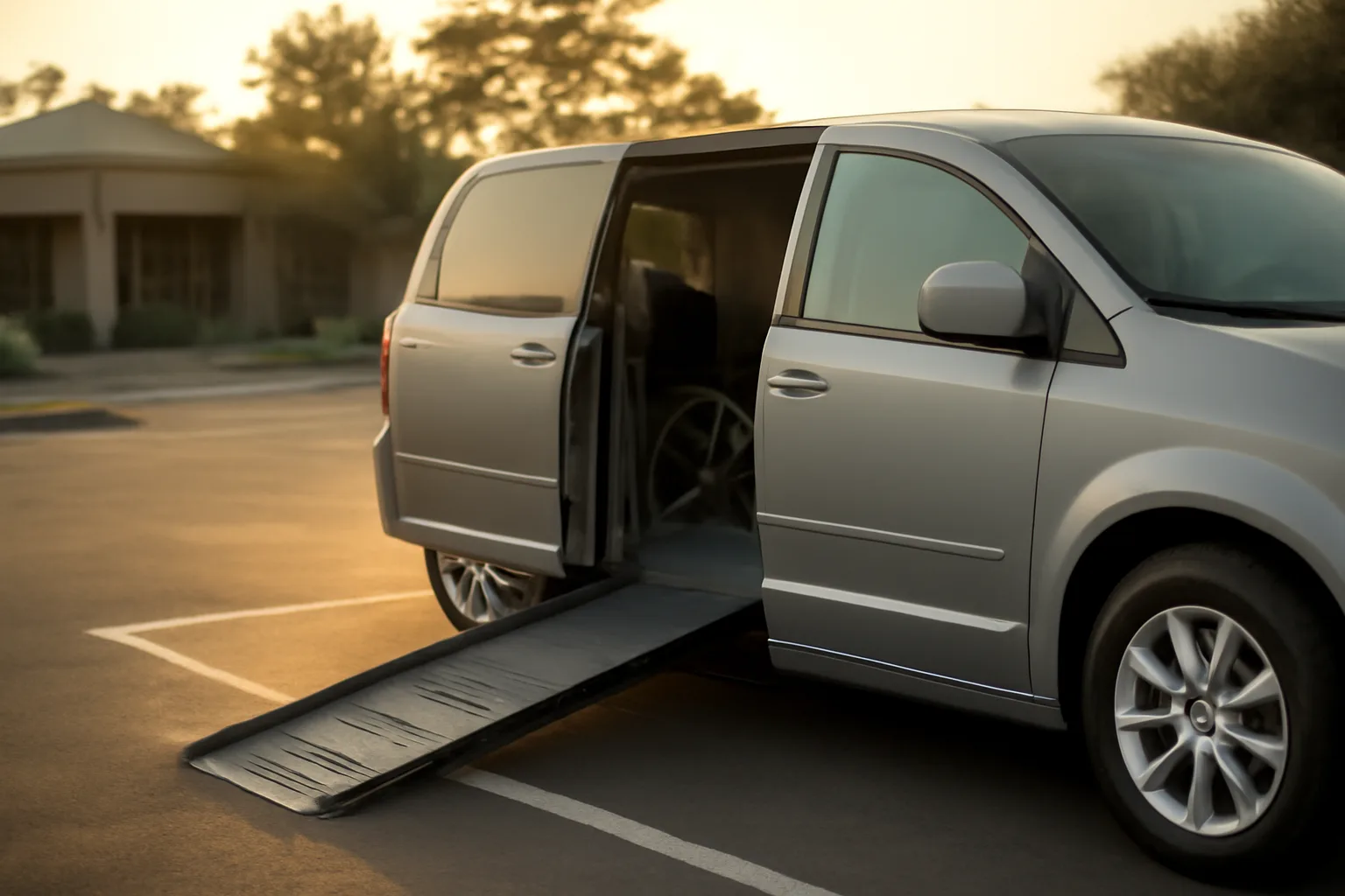 Wheelchair-accessible van with ramp deployed outside a medical clinic at sunrise
