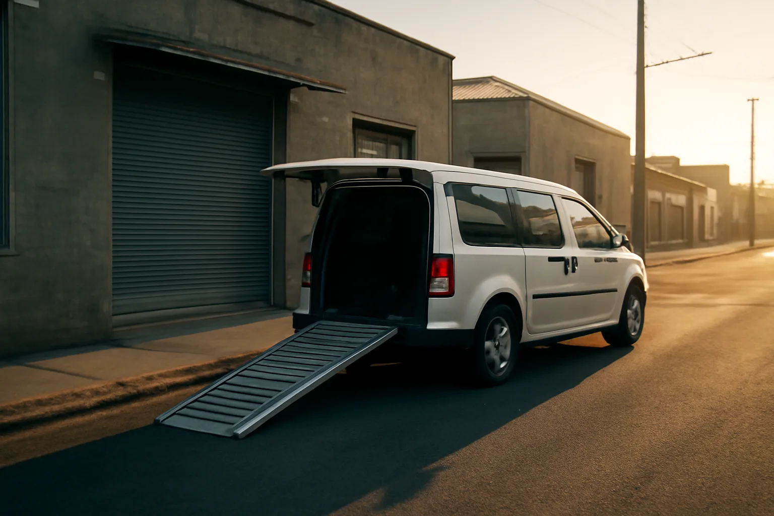 Wheelchair-accessible van with ramp deployed outside a small garage at dawn