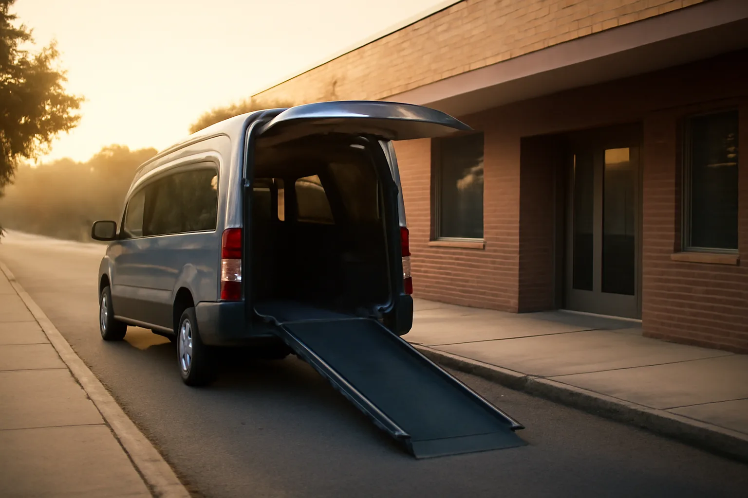 Wheelchair-accessible medical transportation van with ramp deployed outside a clinic at dawn