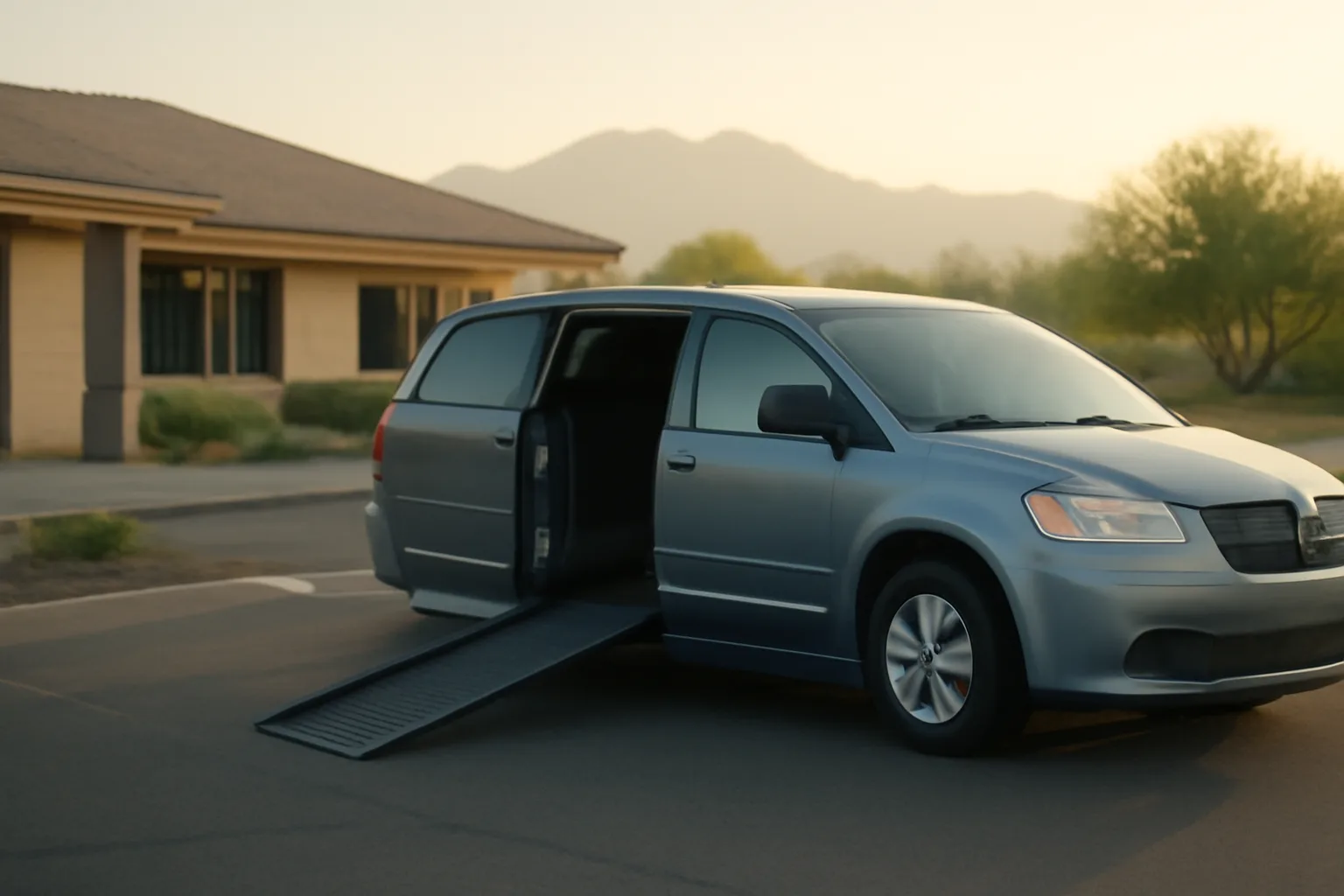 Wheelchair-accessible medical transportation van outside a Phoenix clinic at sunrise
